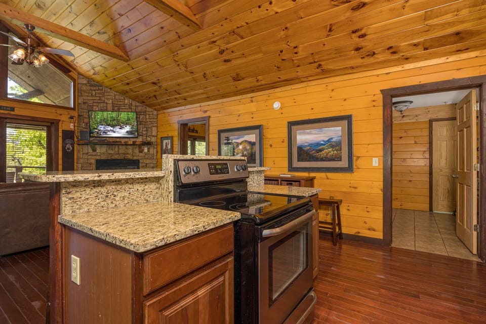 The kitchen has all you need to cook, right in the cabin, and the grocery store is just 10 minutes away!