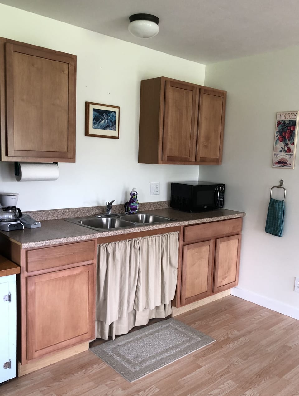 Small Ref, coffee maker, microwave.
Note: Kitchenette doesn't have oven.