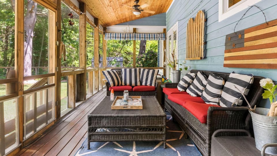 Porch with casual seating and beach vibe
