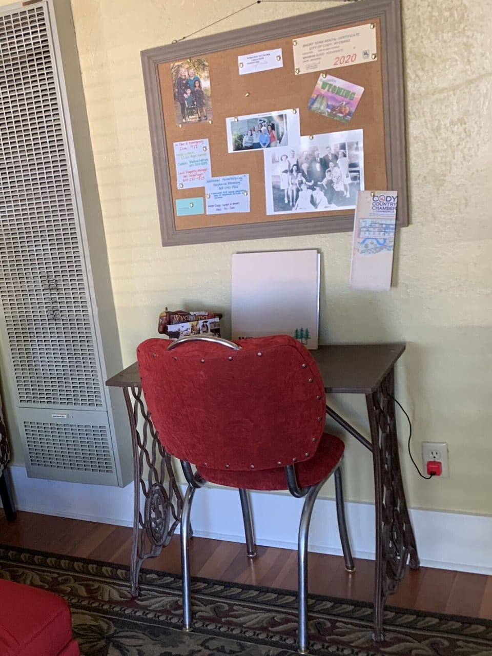 Writing desk is made from beautiful old sewing machine table. 