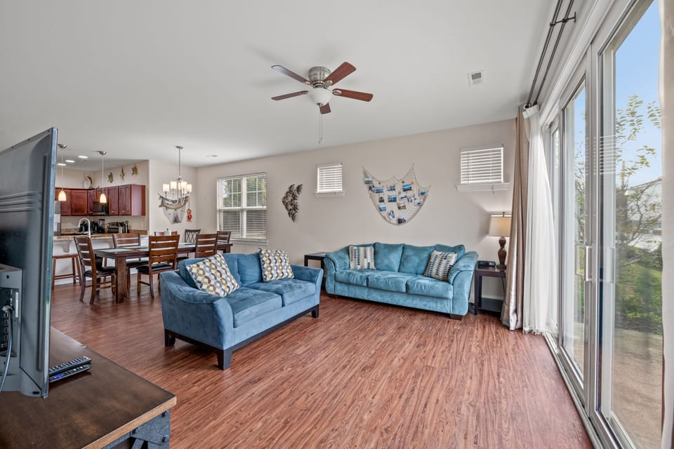 This comfy living room offers space for everyone to gather!