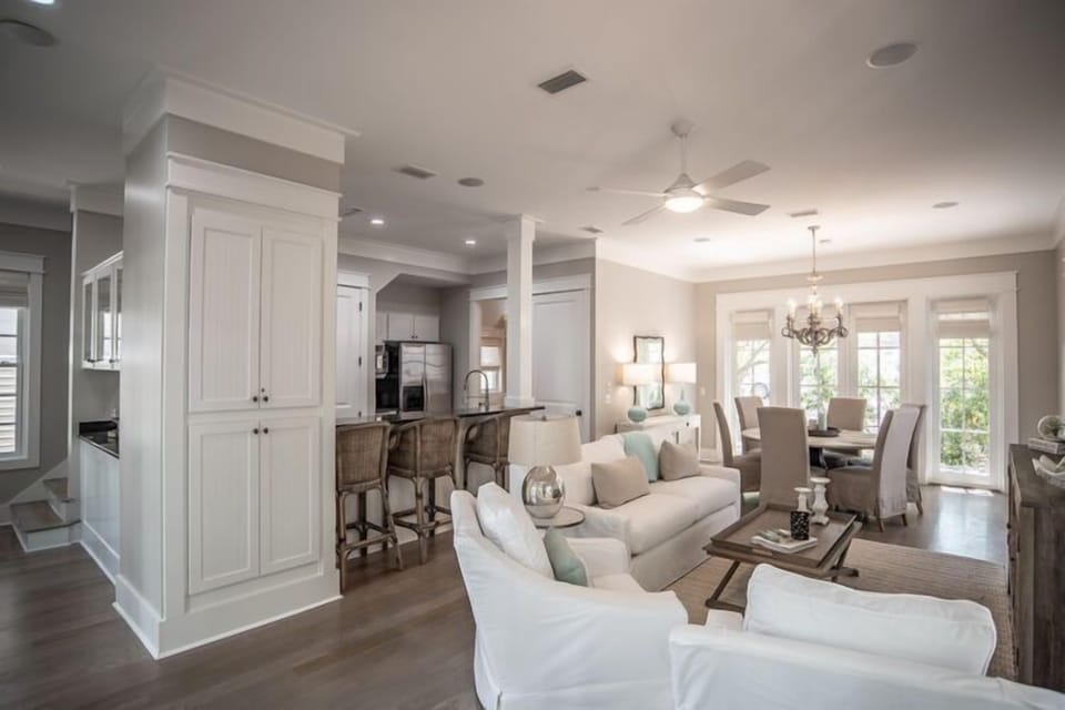 View into spacious living area, kitchen and dining nook