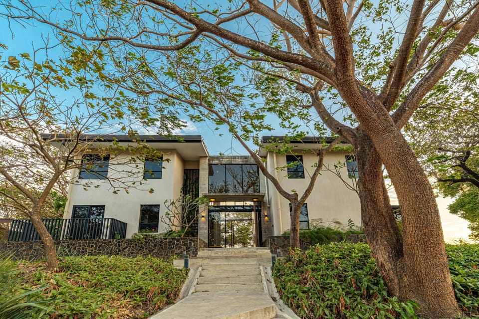 Charming front entrance framed by mature trees and lush greenery