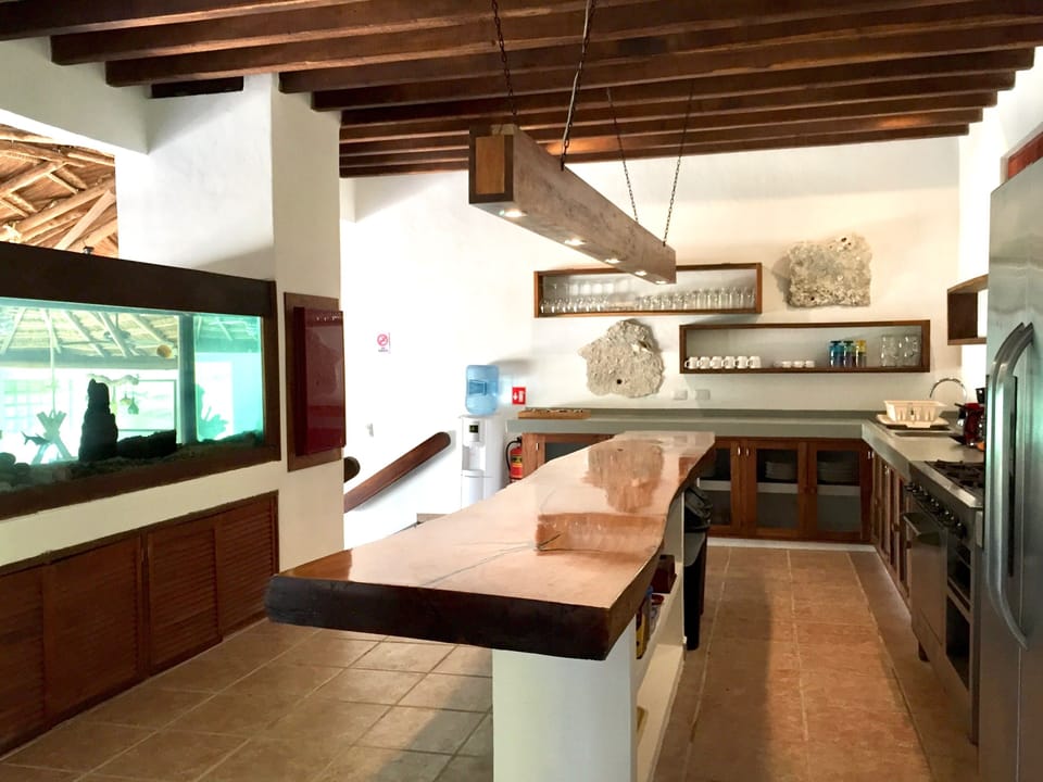 At the end of the kitchen, are steps down to the living and dining area