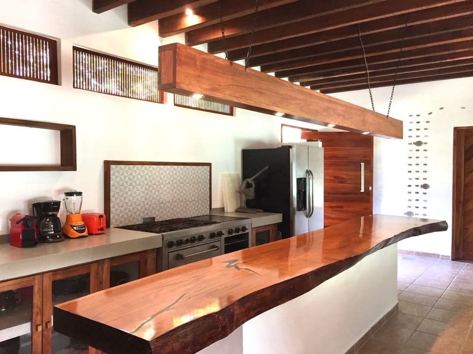 The front door opens into the professional kitchen, with beautiful wood island.