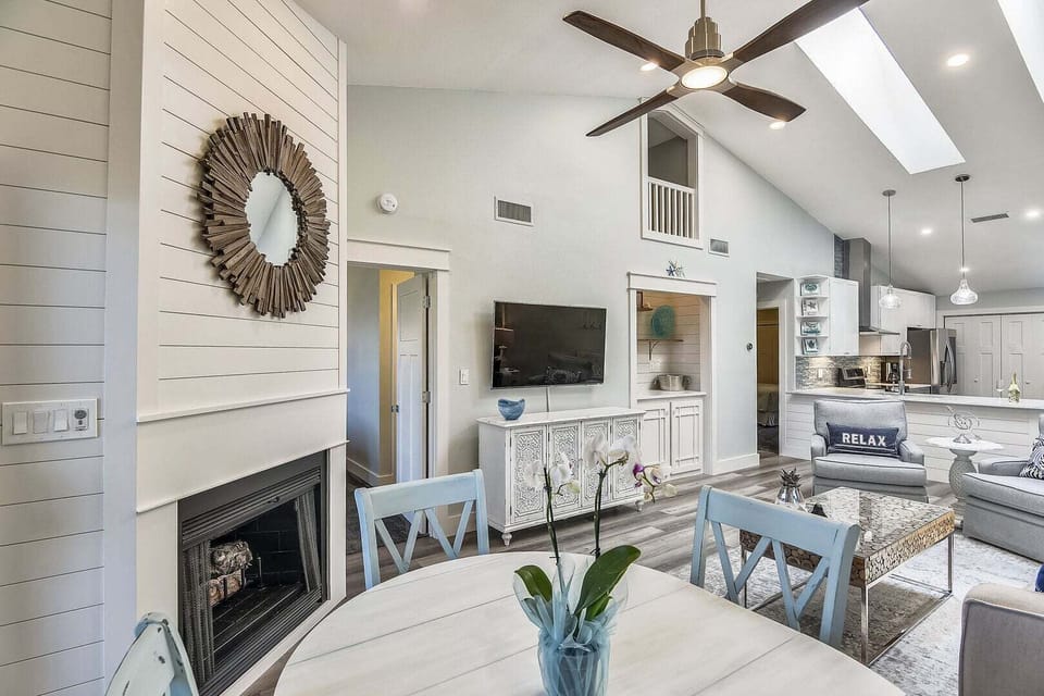 Dining table and fireplace