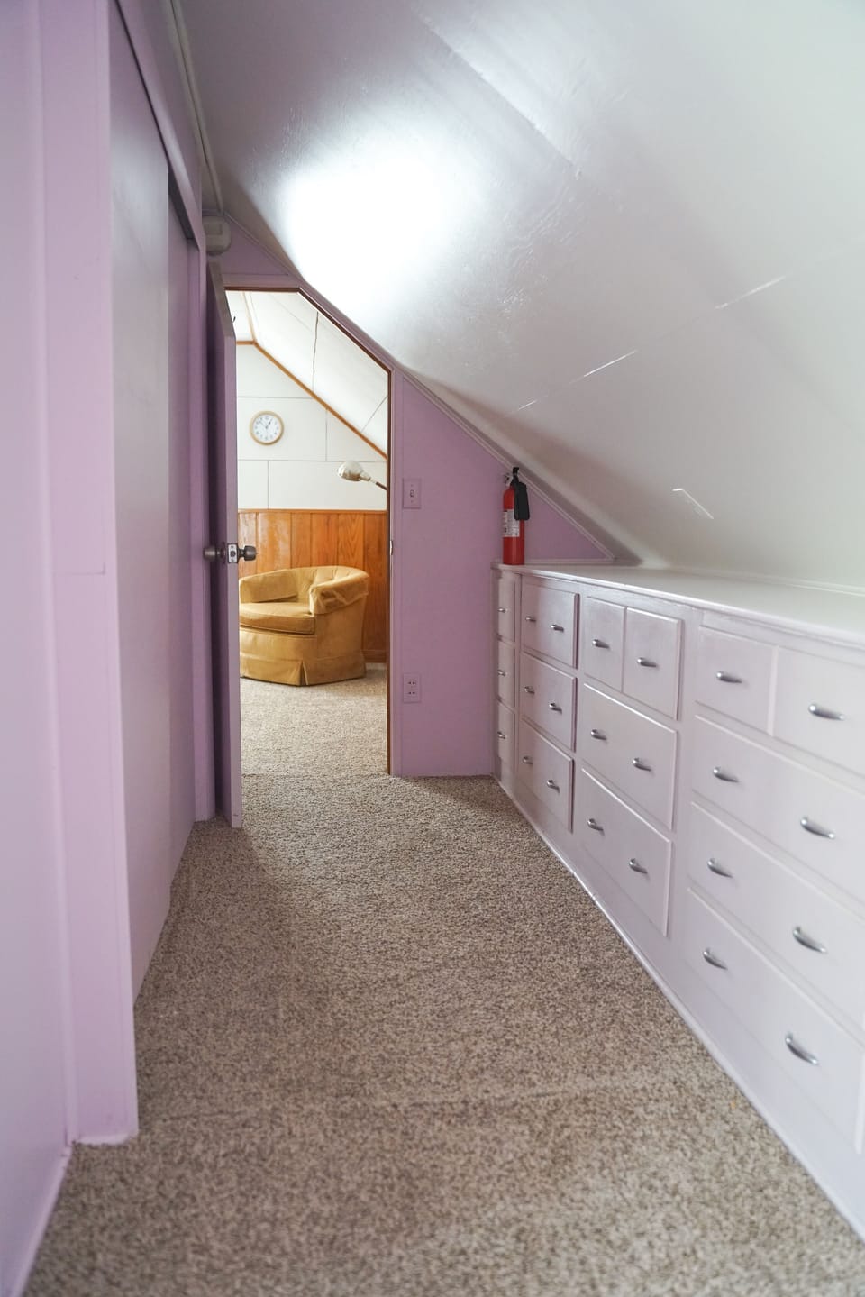 Upstairs hallway.  Low ceiling.