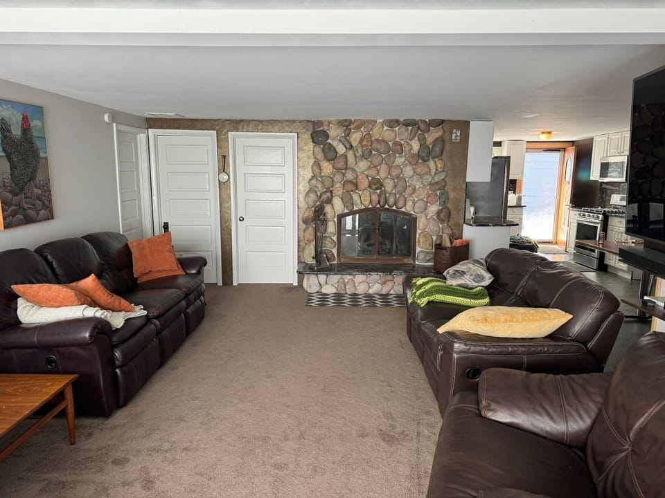 living room and fireplace