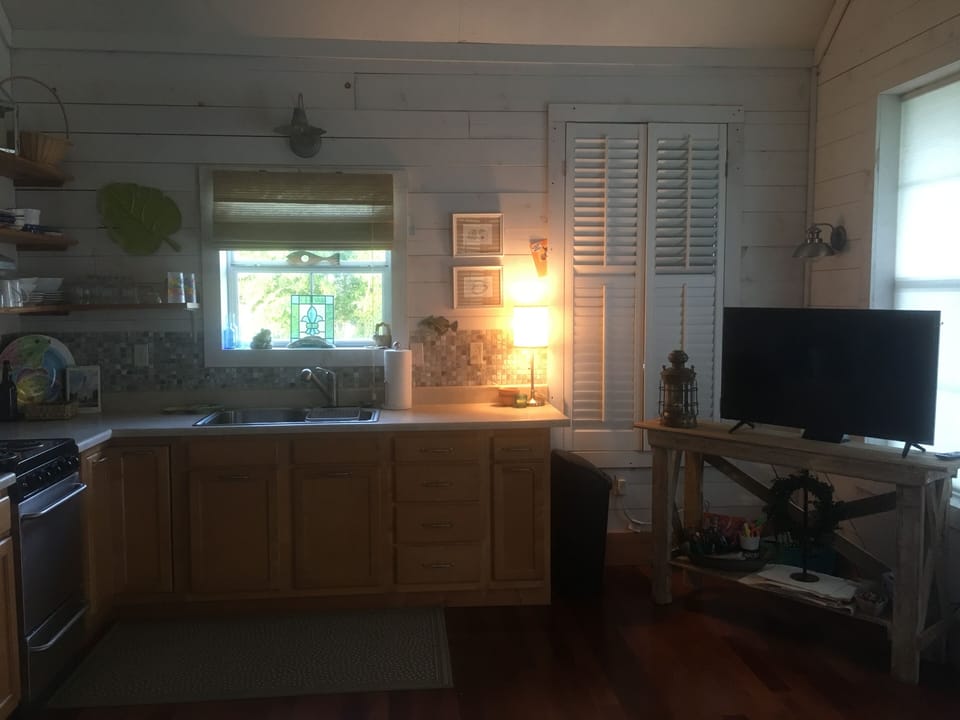 Kitchen sink work area and smart tv off living area