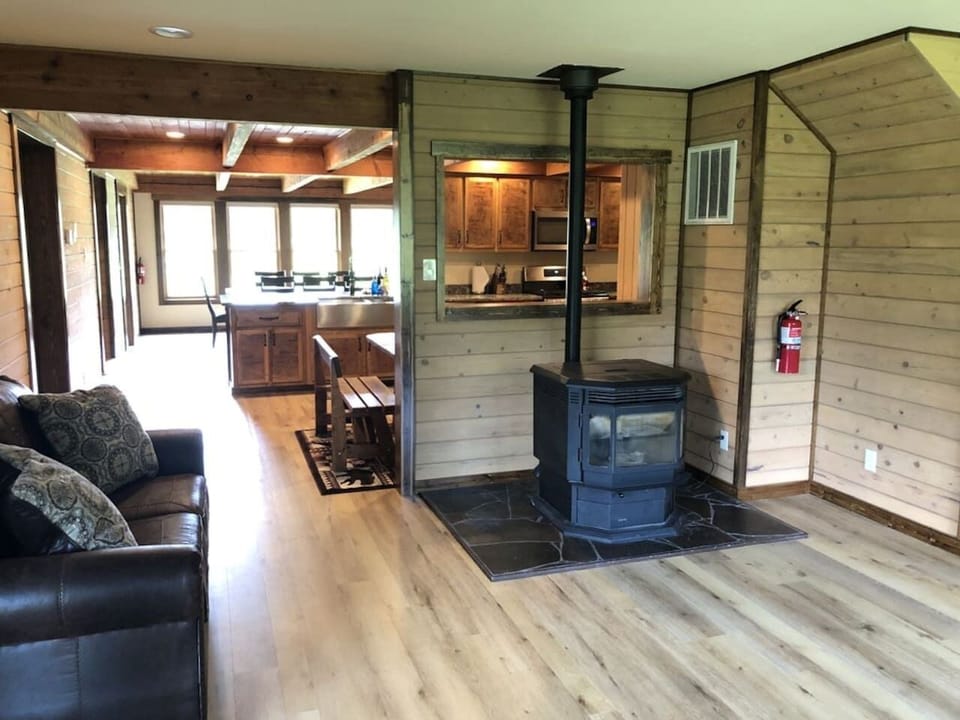 Pellet stove near kitchen.