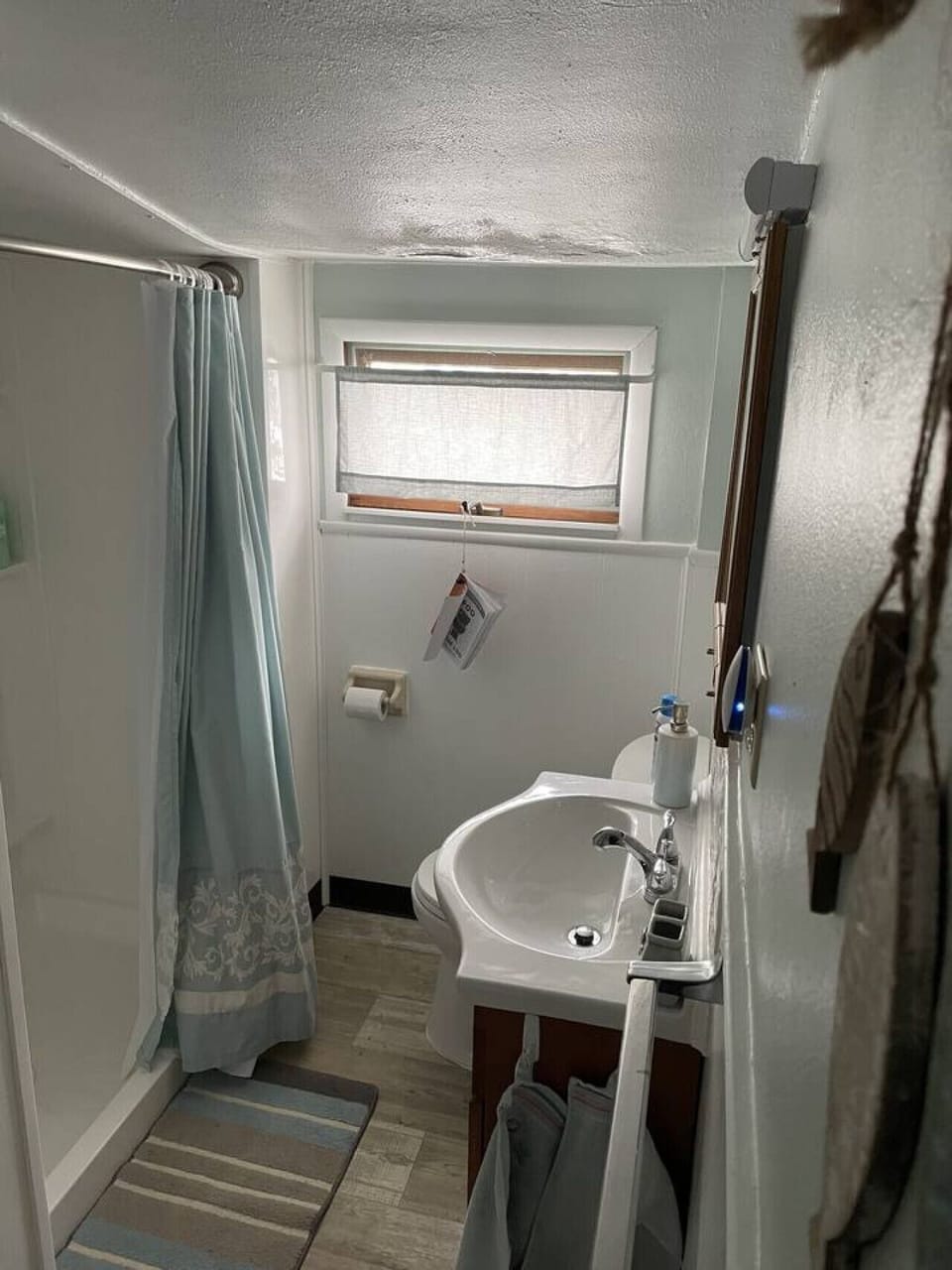 Bathroom with window and walk-in shower, toilet and vanity.