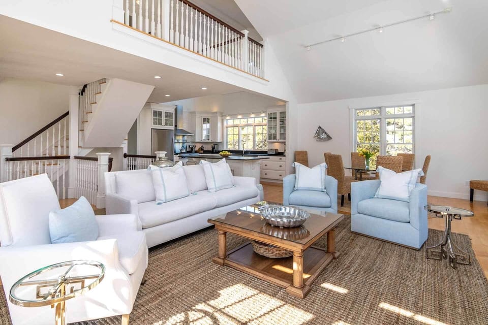 View Across Great Room Toward Dining Area, Kitchen & Third Floor Crow%39s Nest Balcony
