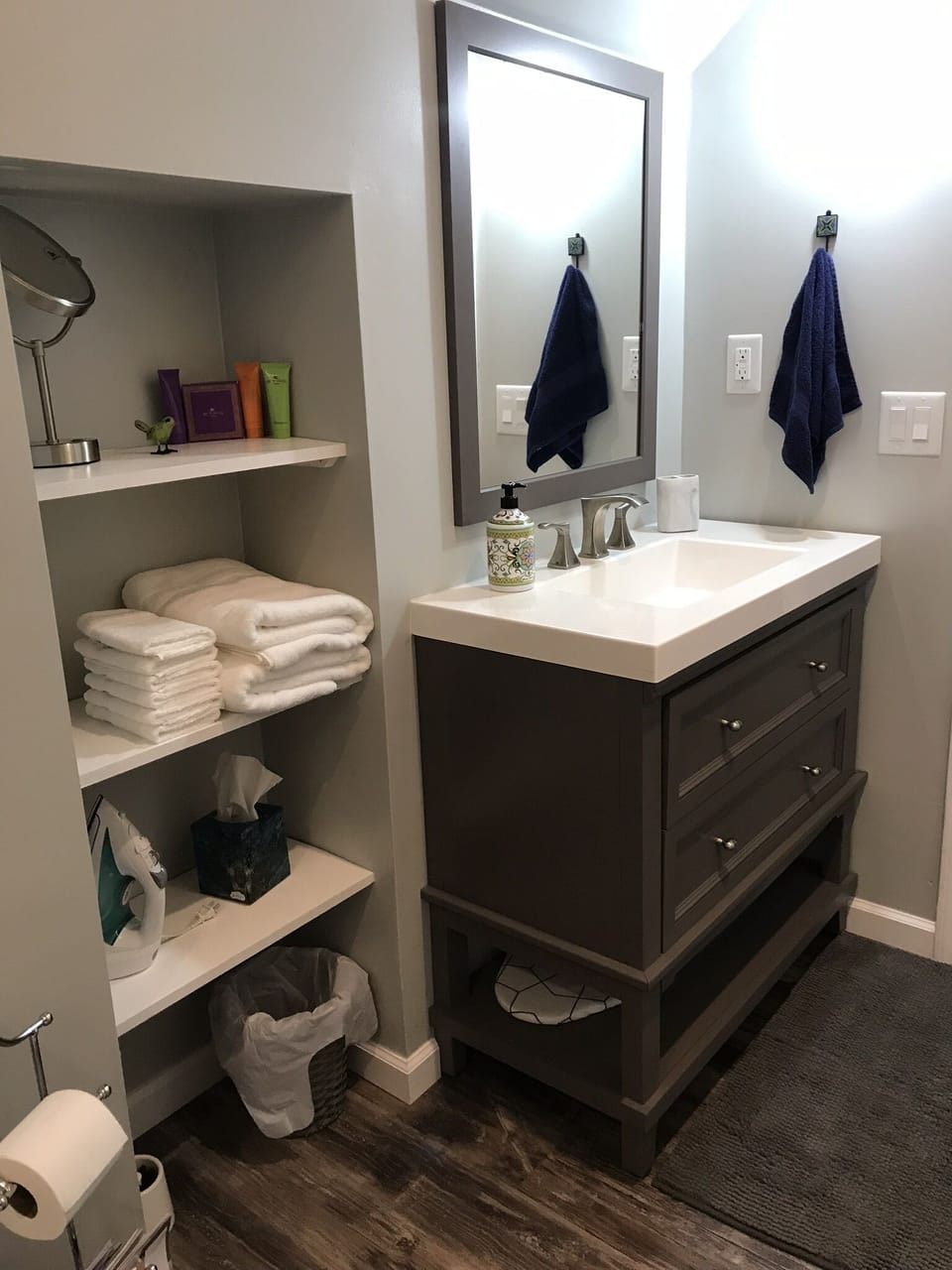 fully stocked, spacious bathroom