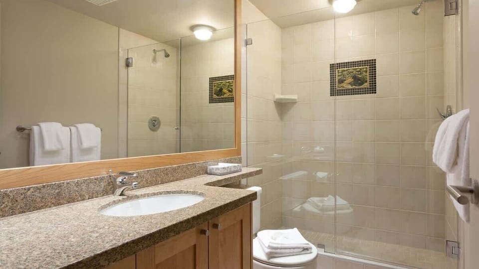 - Modern bathroom with glass shower and elegant granite countertop  
- Spacious layout designed for convenience and comfort during stays  
- Freshly styled for guests seeking a clean alpine-inspired retreat