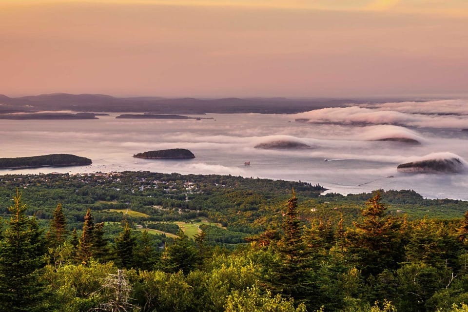 Fog capped Porcupine Islands in Frenchman's Bay