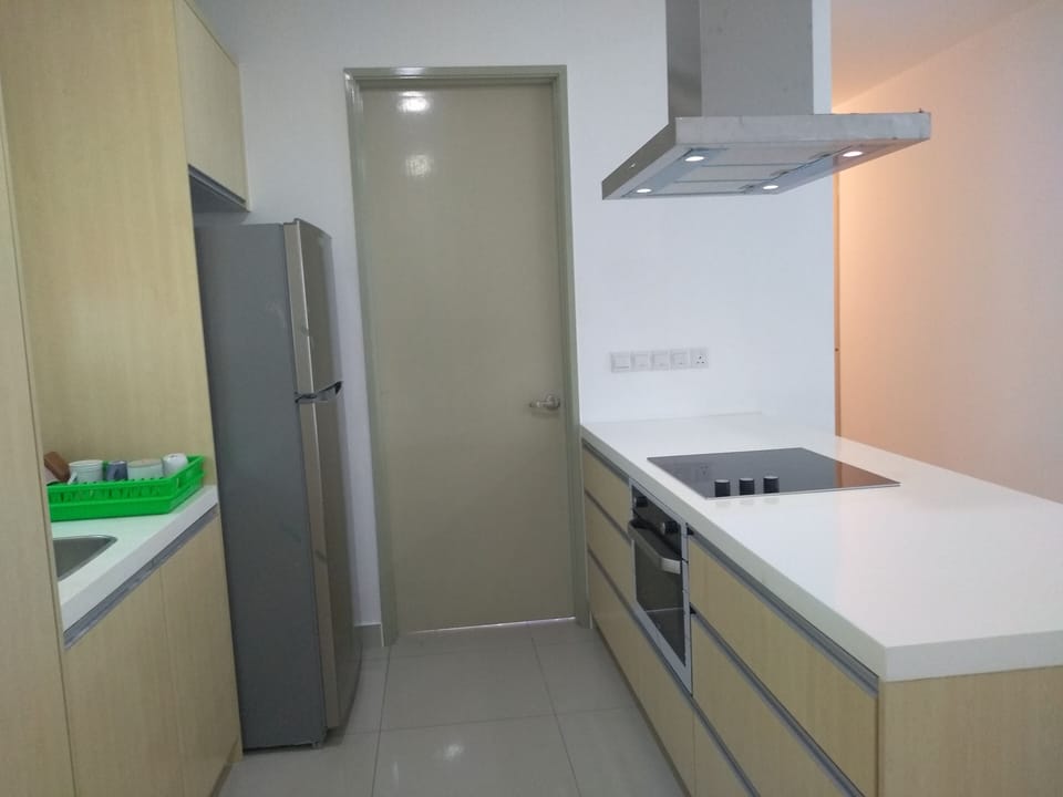 Kitchen- hood, hob, fridge, oven and sink area. Also basic utensils.