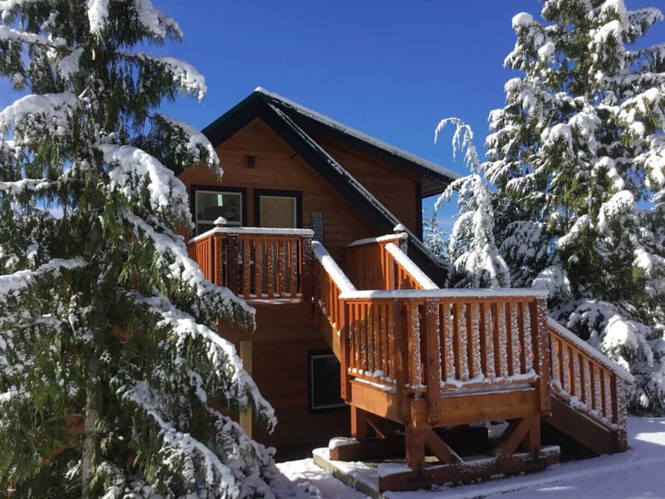Winter view of the entrance and private decksPond