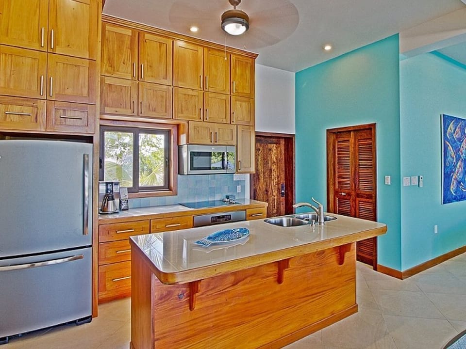 First floor kitchen, mahogany custom cabinets and GE Profile appliances.