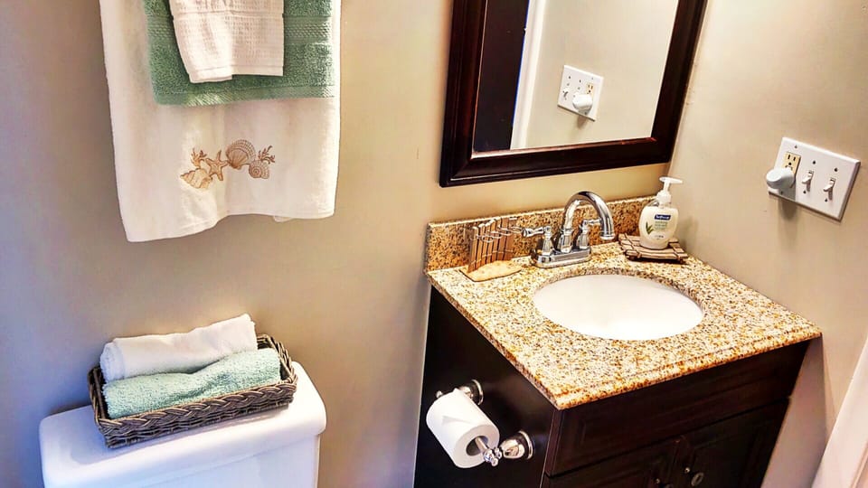 One of two full bathrooms with extra large shower heads 