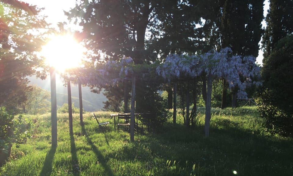 Sunset view of the outdoor furnished loggia for private use of the Loggia guests
