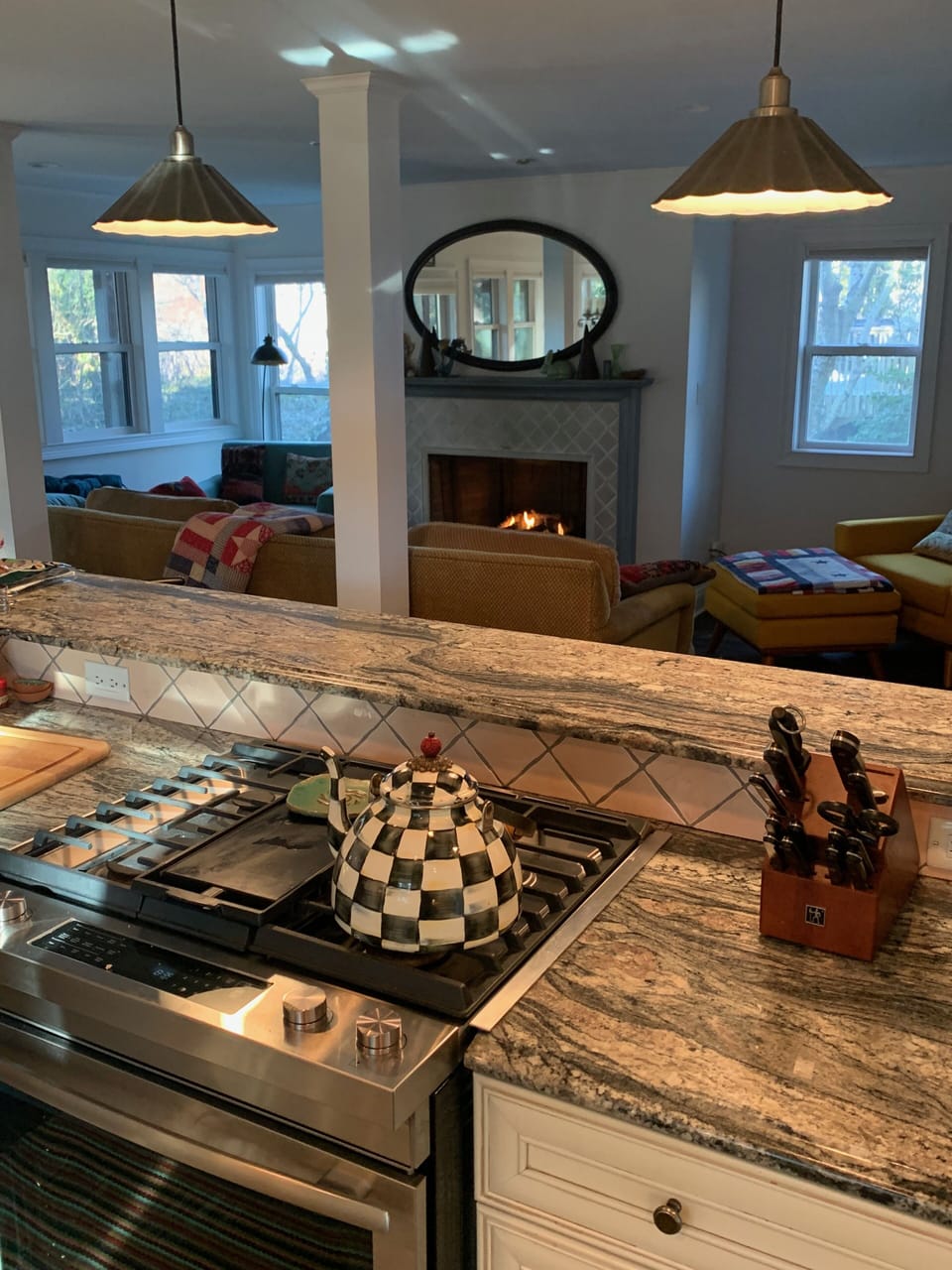 Open floor plan for cooking and socializing in lower living room.