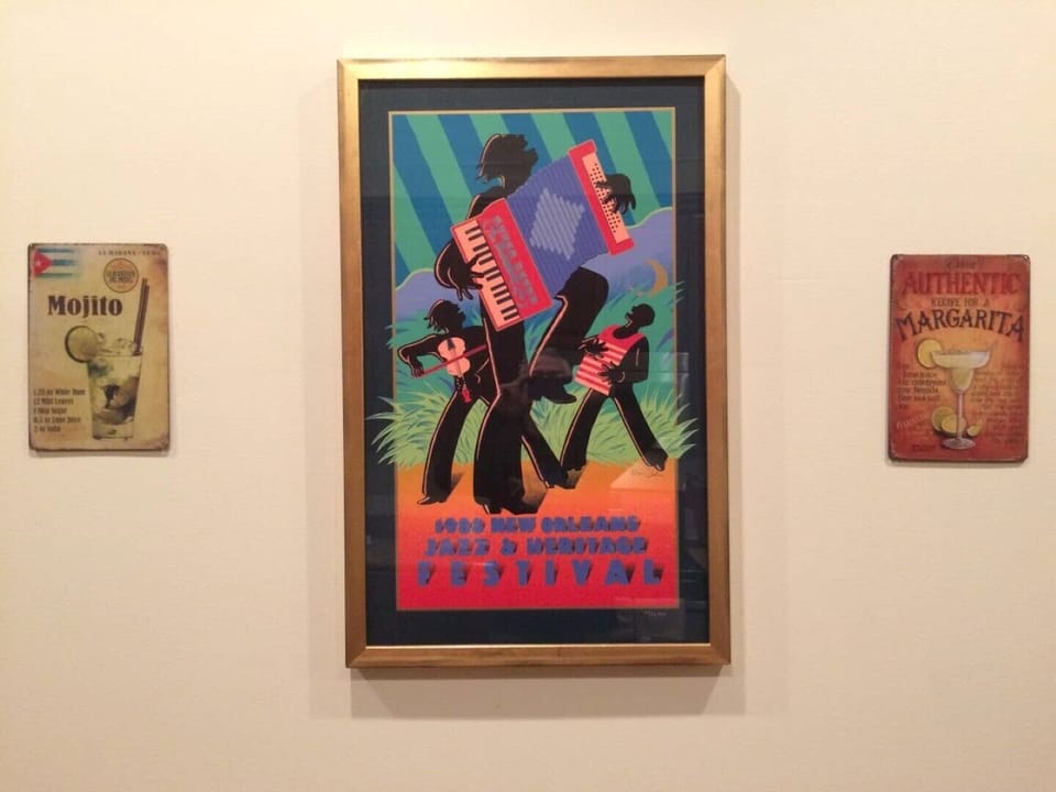Tastefully  decorated with jazz  posters and vintage travel art