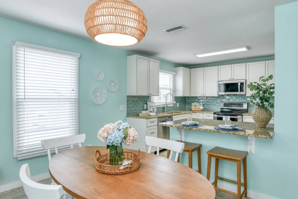 Slide the bench to the table for comfortable seating for six.