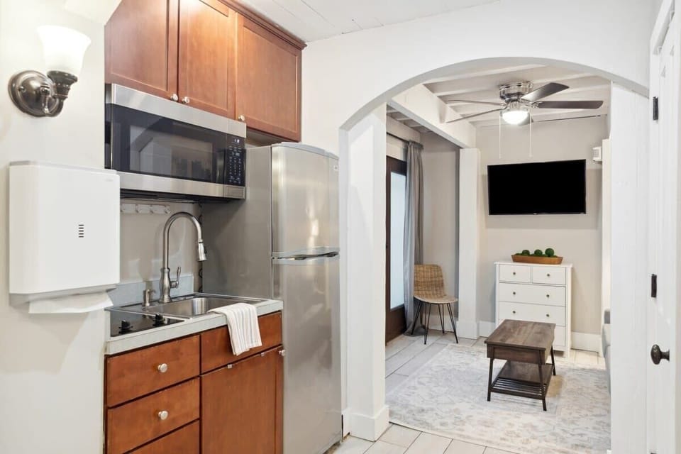 View of kitchen space from the bedroom.