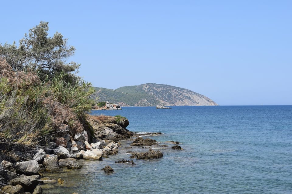 View of the island of Poros, north end of the beach