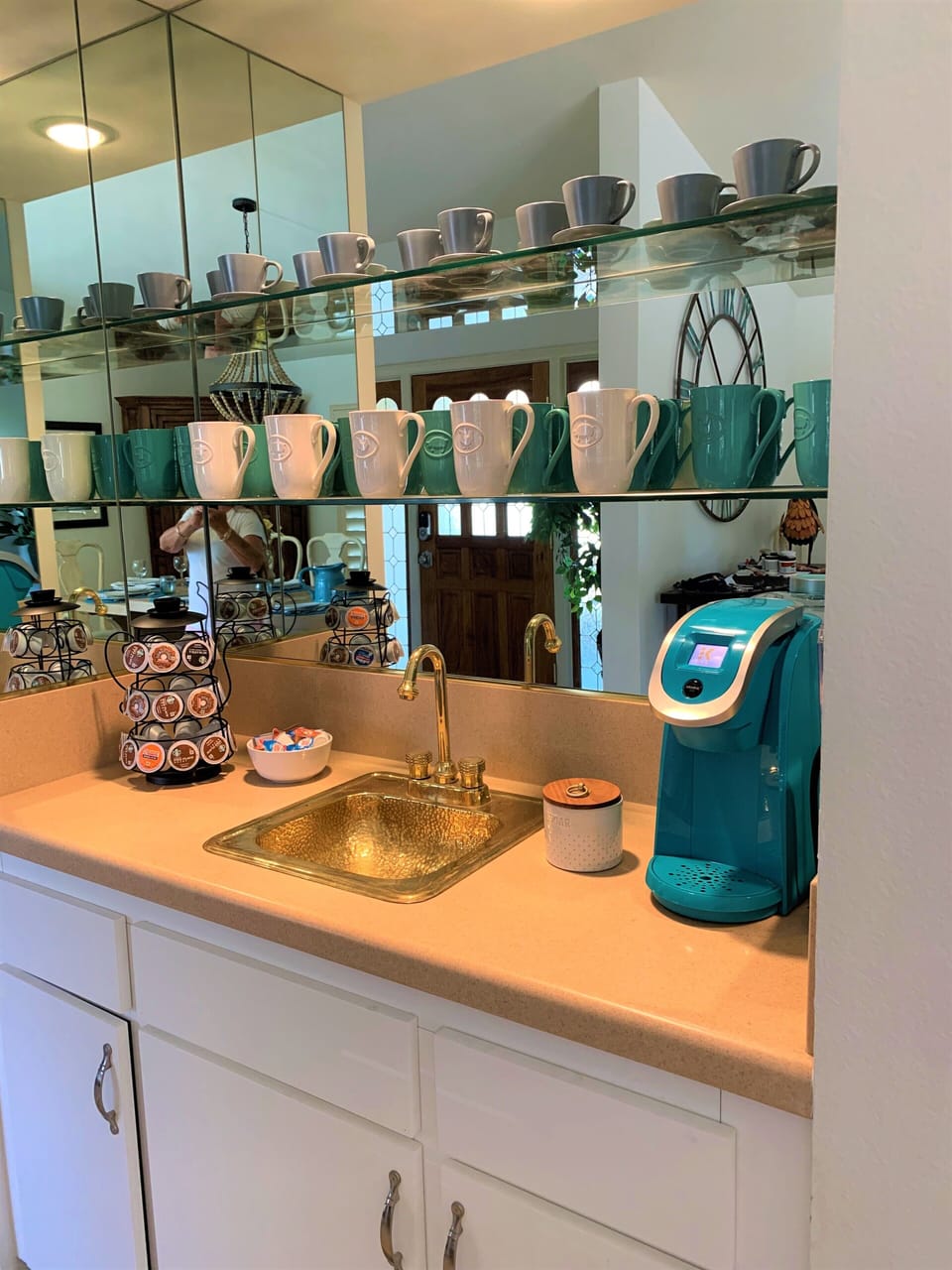 Coffee bar with initial supply of coffee pods, creamer and sugar. Mr Coffee also