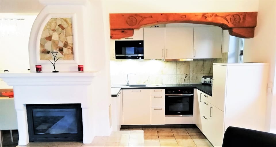 Kitchen and fireplace