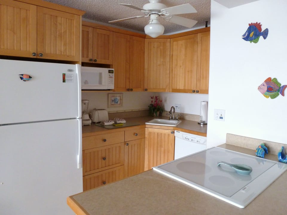 Kitchen Area with full-size refrigerator, range & oven, microwave, & dishwasher