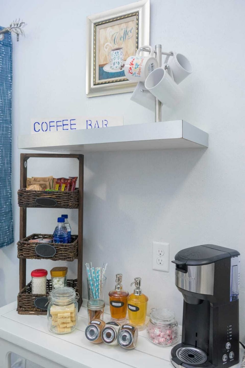 Complimentary coffee bar with coffee, tea, and snacks.