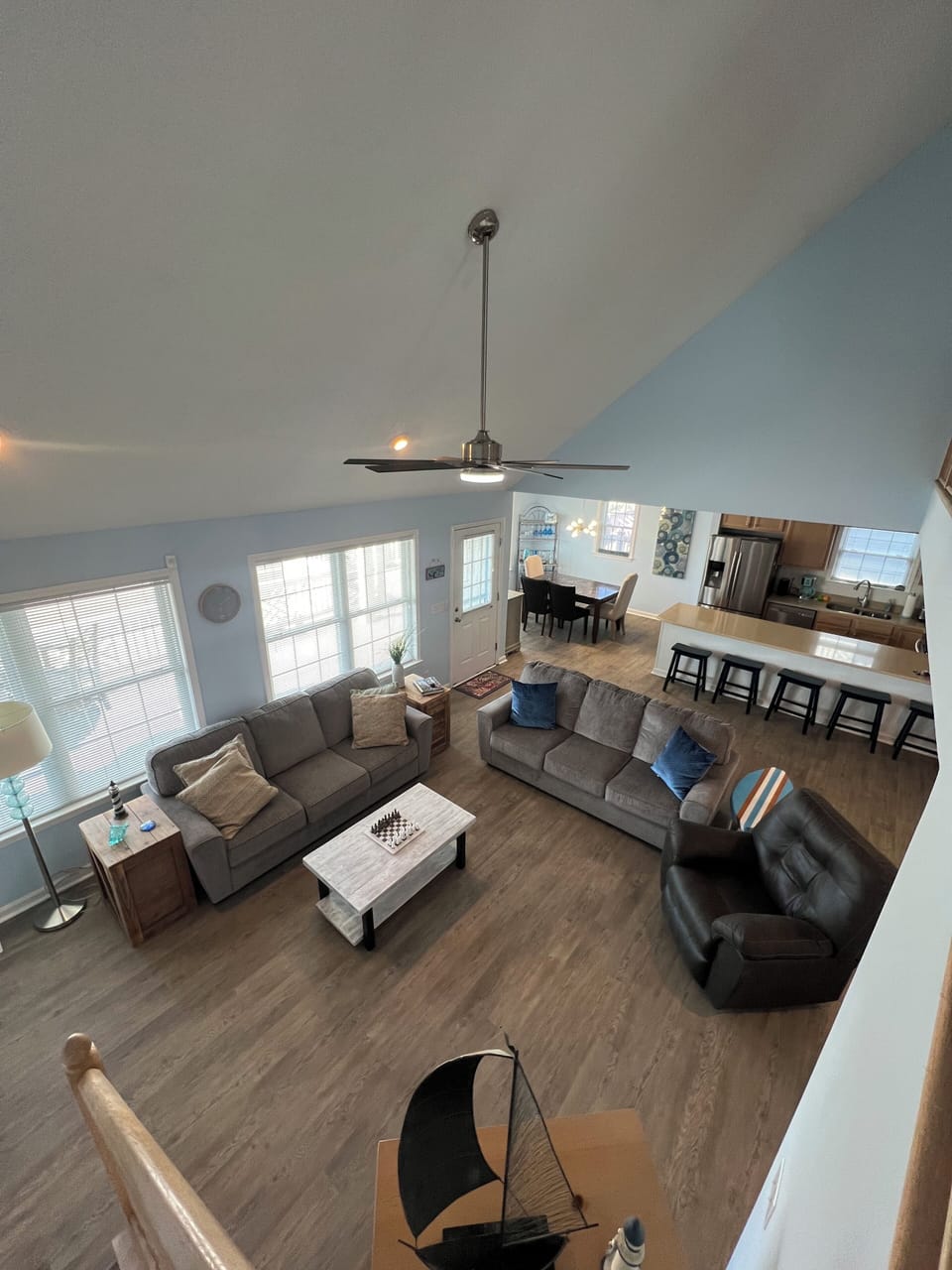 Open concept living room with vaulted ceiling