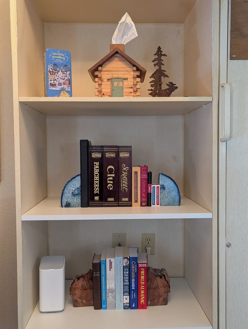Games, a few puzzles and reading materials are in the bookcase