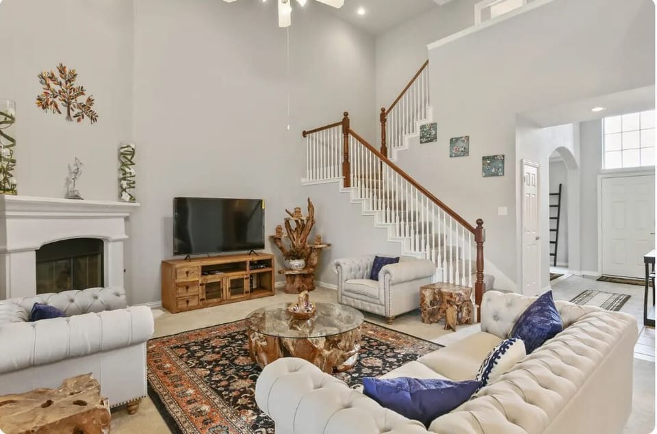 Living area with high ceilings
