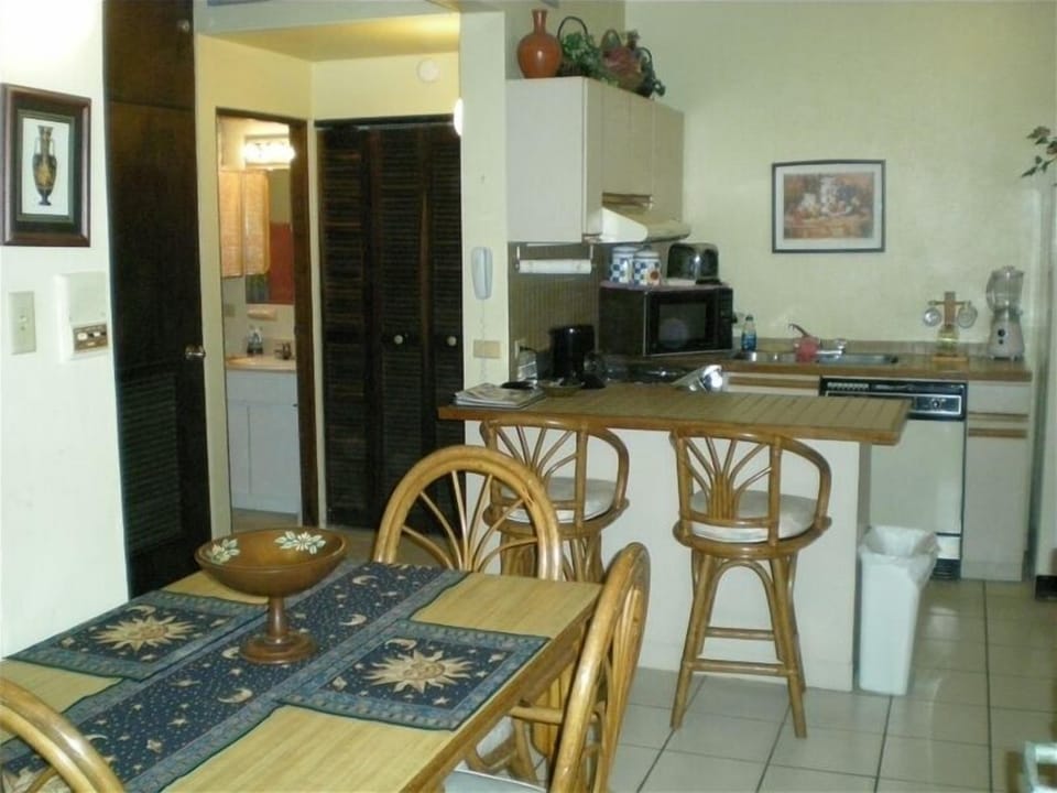 Fully-equipped kitchen and the bathroom is in the background