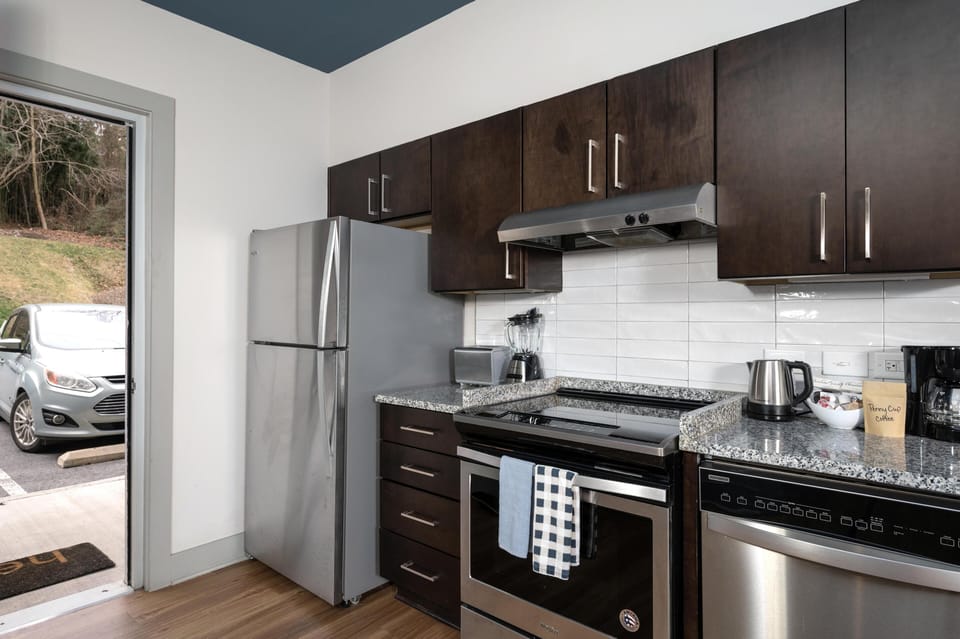 Modern kitchen with sleek dark cabinetry and stainless steel appliances