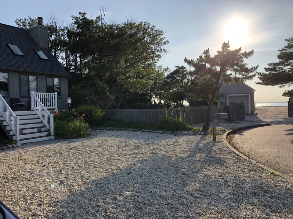 View from front of house at sunset 
