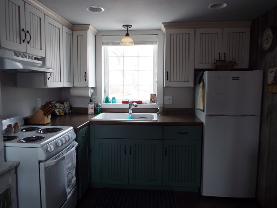 This kitchen has everything you need for cooking and  eggs from our chickens.