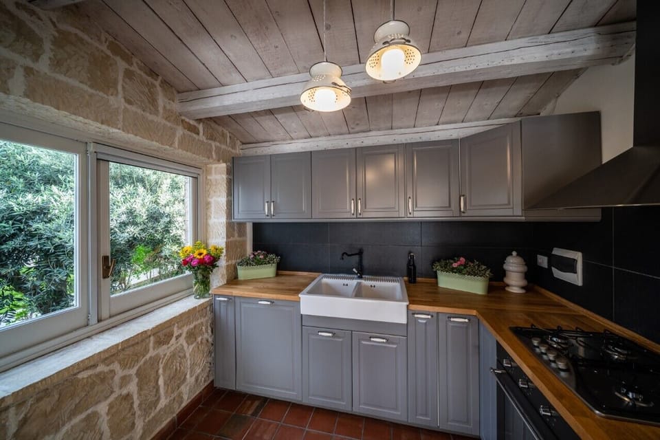 The kitchen with nice view on olive tree