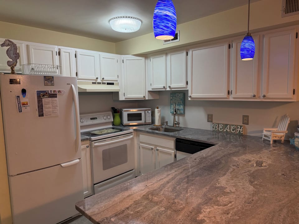 Newly renovated kitchen with granite countertops. Kitchen is fully stocked. 