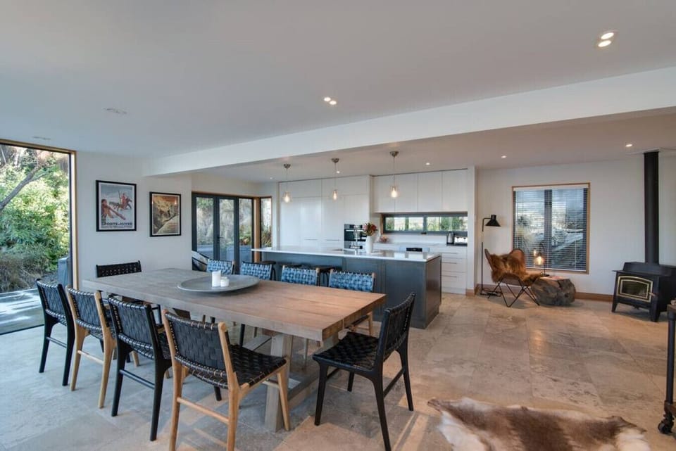 Open plan kitchen/dinning with wood burner fire