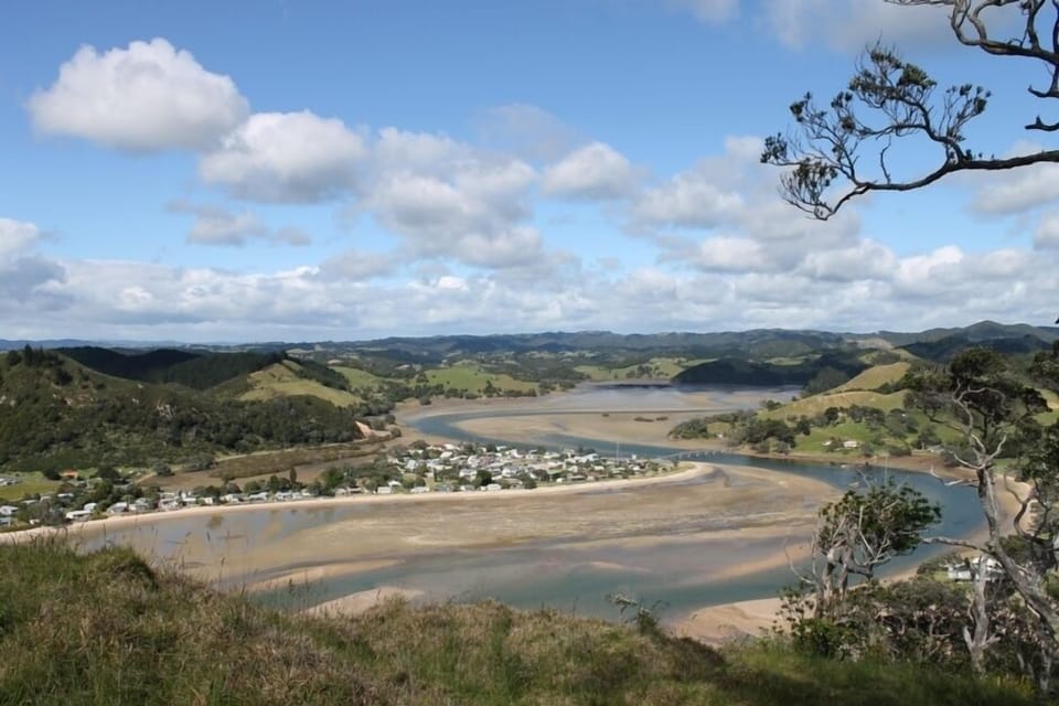View from the top of the hill looking across to the bach at low tide