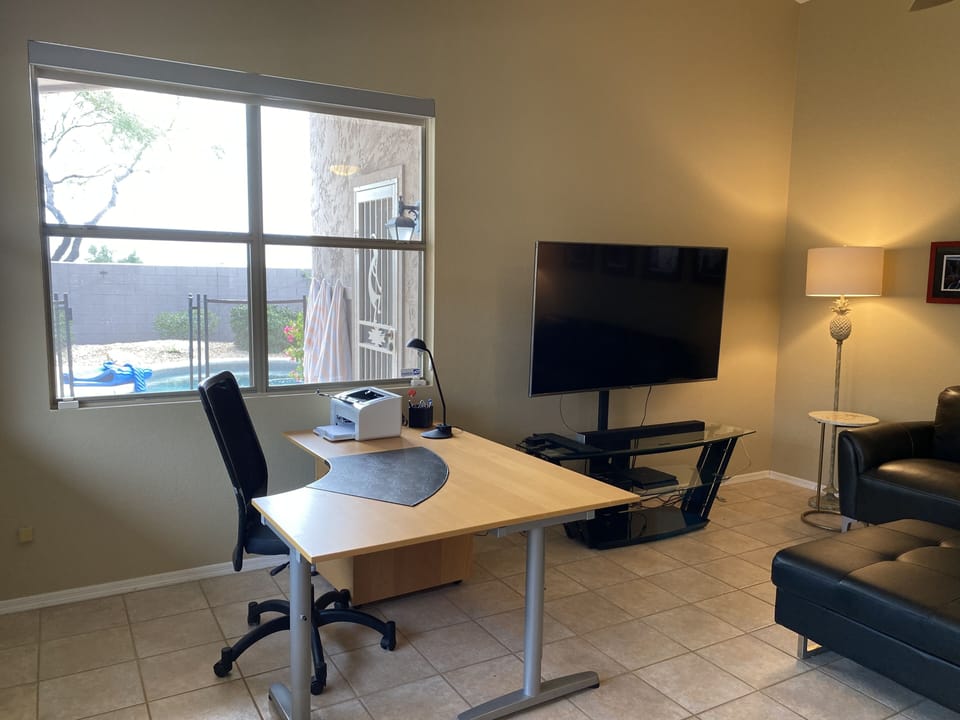 Great room desk, office chair & printer