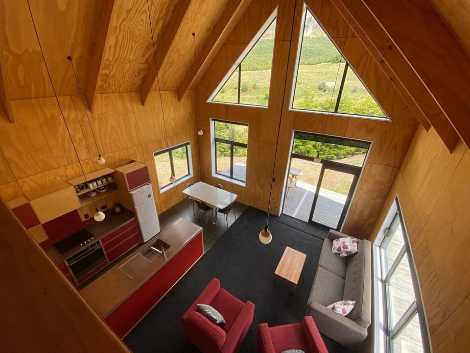 The view down into the open plan living space from the mezzanine floor