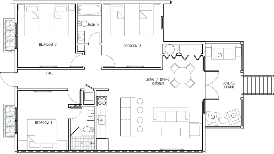NOTE: The home has two rooms with a King bed each and one room with two twin beds, not like the floorplan suggests.