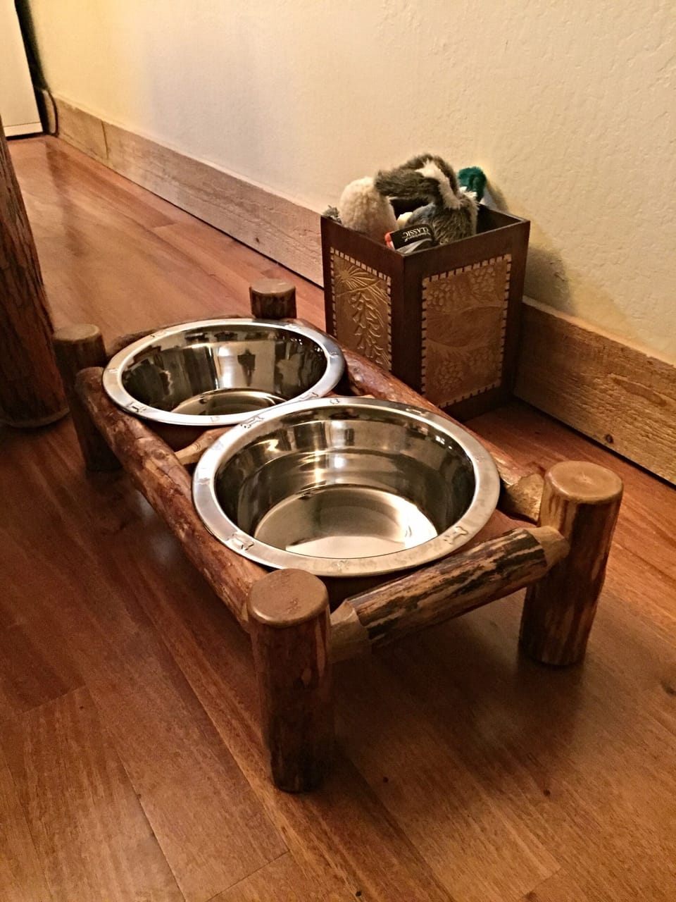 bowls and a box of toys for our furry guests