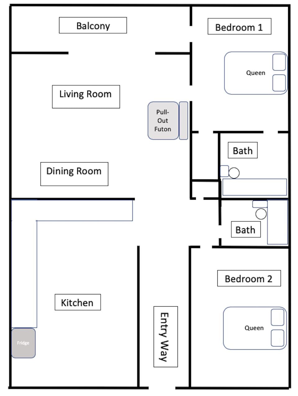 General layout of condo (Picture does not include amenities like TV/Couch etc.)