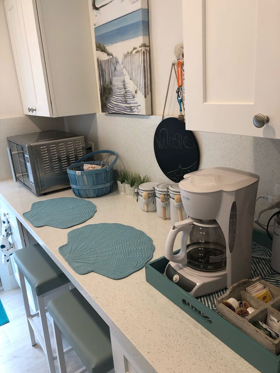 Eat in kitchen, chef-size toaster oven, coffee and espresso maker.